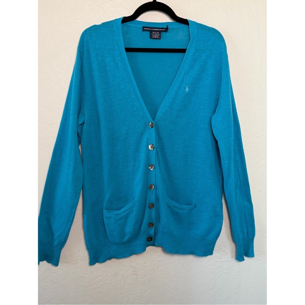 Ralph Lauren Sport Teal V-Neck Button Cardigan Cotton Linen XL Pony Logo Preppy - Picture 3 of 15